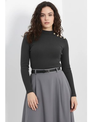 Modanı Seç Gold Düğmeli Balıkçı Yaka Fitilli Kaşkorse Bluz - Antrasit