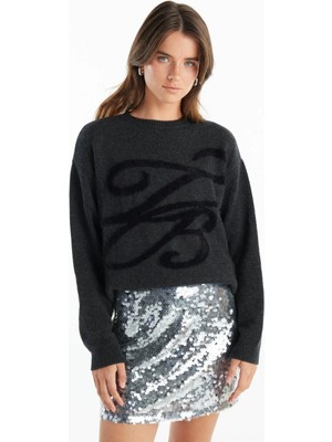 Ted Baker Bisiklet Yaka Standart Nakışlı Antrasit Kazak Kadın TBWRKW1028