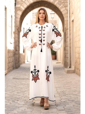 Modanı Seç Beyaz Sıfır Yaka Balon Kollu Otantik Nakışlı Uzun Elbise