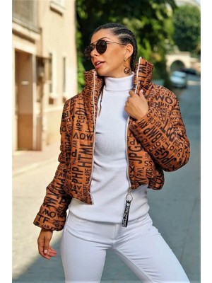 Modanı Seç Kahverengi Yazılı Dik Yaka Su Geçirmez Kısa Şişme Mont