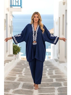 Modanı Seç Lacivert Aplike Nakışlı Cepli Tunik Pantolon Ikili Takım