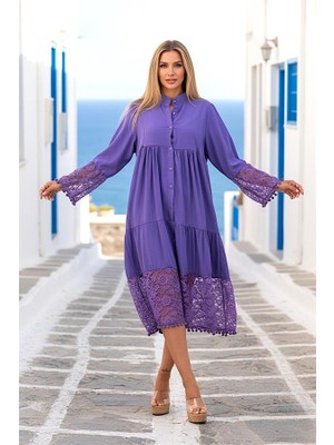 Modanı Seç Mor Önden Düğmeli Kolları ve Eteği Dantelli Ponponlu Midi Elbise