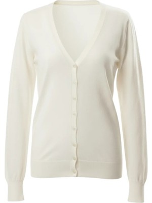 Modanı Seç Ekru V Yaka Düğmeli Basic Triko Kadın Hırka