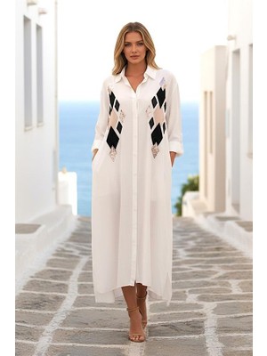 Modanı Seç Beyaz Önü Pul Payet Aplike Nakışlı Kolu Apoletli Uzun Gömlek Elbise