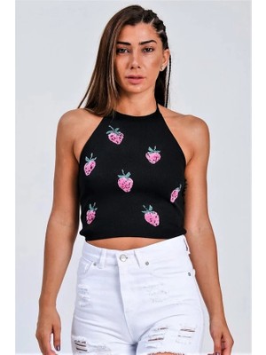 Modanı Seç Siyah Çilek Kabartma Baskı Boyundan Bağlamalı Crop Örme Bluz