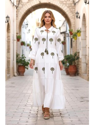Modanı Seç Beyaz Önü ve Kolları Palmiye Nakışlı Eteği Kat Kat Uzun Elbise
