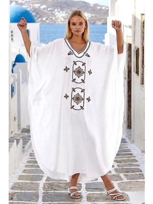 Modanı Seç Beyaz V Yaka Yarasa Kol Otantik Nakışlı Oversize Uzun Elbise