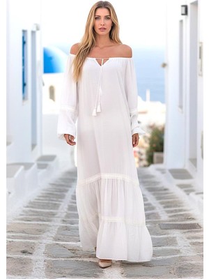 Modanı Seç Beyaz Carmen Yaka Balon Kol Etekleri Fistolu Oversize Uzun Elbise