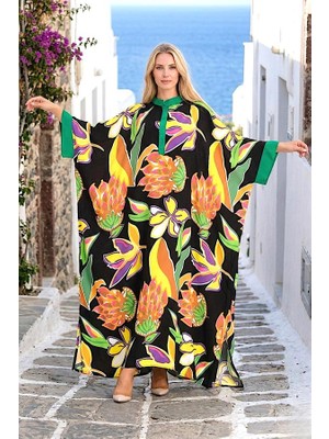 Modanı Seç Siyah Çiçekli Sıfır Yaka Yarasa Kol Oversize Uzun Elbise