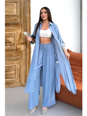 Modanı Seç Mavi Kot Görünümlü Beli Lastikli Bol Paça Gömlek Pantolon Ikili Takım