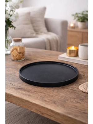 AkanArt Studio Siyah Yuvarlak Dekoratif Beton Sunum Tepsisi Minimal Tasarım 15 cm