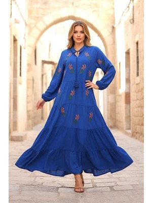 Modanı Seç Saks Mavi Önü ve Kolları Çiçek Nakışlı Eteği Kat Kat Uzun Elbise