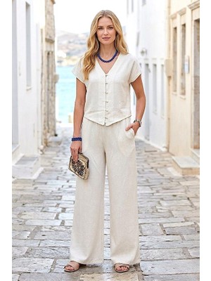 Veraura Lifestyle Bej Inci Düğmeli Bluz Pantolon Keten Takım