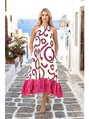 Modanı Seç Fuşya Desenli Boyundan Bağlamalı Cepli Uzun Elbise