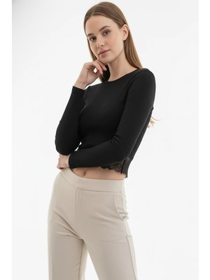 Modanı Seç Kaşkorse Dantelli Crop Bluz - Siyah