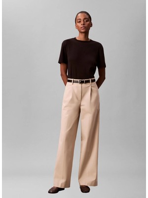 Calvin Klein Ekru Kadın Normal Fit Pantolon Stretch Chıno W/ Pleat -Wıde Leg