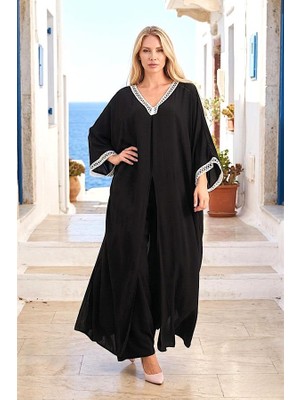 Modanı Seç Siyah V Yaka Dantel Detaylı Önden Yırtmaçlı Cepli Tunik Pantolon Ikili Takım