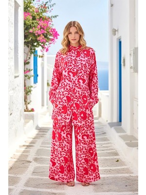 Modanı Seç Pembe Desenli Dik Yaka Kolu Apoletli Cepli Gömlek Pantolon Takım