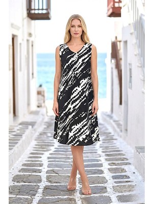 Modanı Seç Siyah Desenli Kalın Askılı Midi Elbise