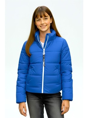 Modanı Seç Kız Çocuk Saks Mavi Sırtı Taş Baskılı Dik Yaka Şişme Mont