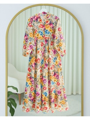 Modamorfo Karışık Çiçek Baskılı Yarım Düğmeli Parçalı Elbise  -Turuncu