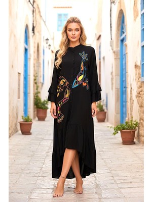 Modanı Seç Siyah Dik Yaka Kol ve Etek Ucu Fırfırlı Cepli Nakışlı Oversize Uzun Elbise
