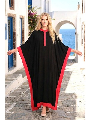 Modanı Seç Siyah Kırmızı Garnili Sırtı Çiçek Nakışlı Püsküllü Yarasa Kol Yırtmaçlı Oversize Uzun Elbise