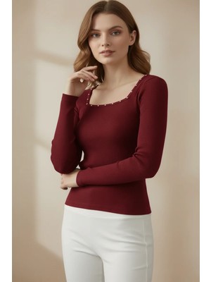 Modanı Seç Kare Yaka Inci Çakmalı Fitilli Kaşkorse Bluz - Bordo