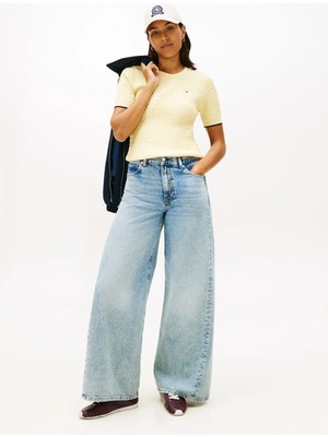 Tommy Hilfiger Sarı Kadın Yuvarlak Yaka Standart Fit Kazak Co Cable Fıne Gg C-Nk S/s Swt