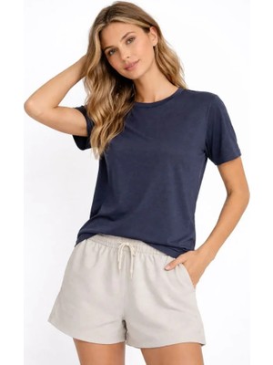 Bet's  Osy Modal Yumuşak Dokulu Kumaş Bisiklet Yaka T-Shirt - Indigo