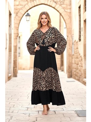 Modanı Seç Siyah Balon Kol Leopar Desen Garnili Oversize Uzun Elbise