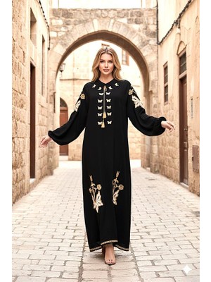Modanı Seç Siyah Sıfır Yaka Balon Kollu Otantik Nakışlı Uzun Elbise