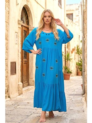 Modanı Seç Mavi Yuvarlak Yaka Truvakar Kol Önü Göz Nakışlı Geniş Kesim Uzun Elbise