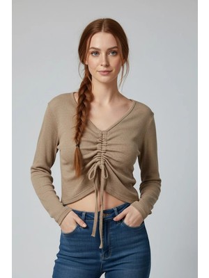 Modanı Seç Sütlü Kahve Uzun Kollu Kaşkorse Crop Bluz Büzgülü V Yaka