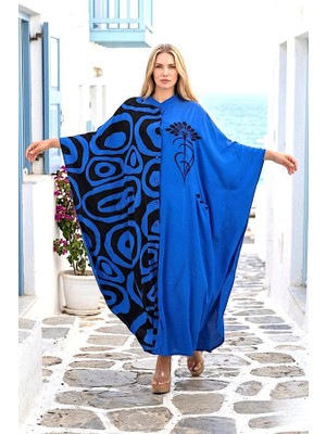 Modanı Seç Saks Mavi Sıfır Yaka Desen Garnili Nakışlı Cepli Oversize Uzun Elbise