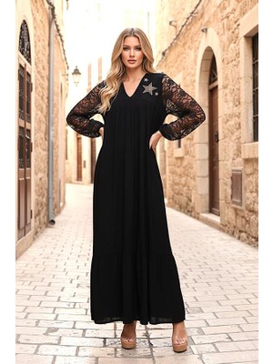 Modanı Seç Siyah V Yaka Kolları Dantel Yakası Aplike Nakışlı Uzun Elbise
