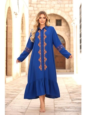 Modanı Seç Saks Mavi Önü ve Kolları Nakışlı Etekleri Fırfırlı Uzun Gömlek Elbise