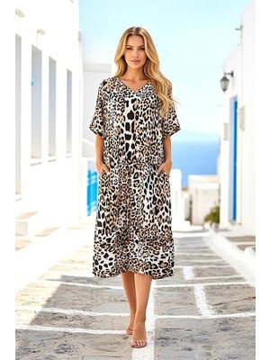 Modanı Seç Leopar Desenli V Yaka Cepli Etekleri Fırıfırlı Midi Elbise