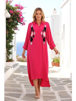 Modanı Seç Pembe Önü Pul Payet Aplike Nakışlı Kolu Apoletli Uzun Gömlek Elbise