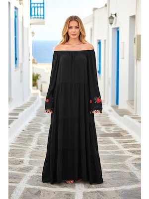 Modanı Seç Siyah Madonna Yaka Kolları Çiçek Nakışlı Püsküllü Eteği Kat Kat Uzun Elbise