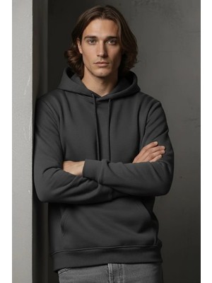 Modanı Seç Unisex Kışlık Antrasit Gri Üç Iplik Şardonlu Pamuklu Kalın Basic Kapüşonlu Hoodie Sweatshirt