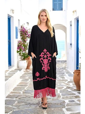 Modanı Seç Siyah Pembe Otantik Nakışlı V Yaka Eteği Püsküllü Cepli Oversize Uzun Elbise