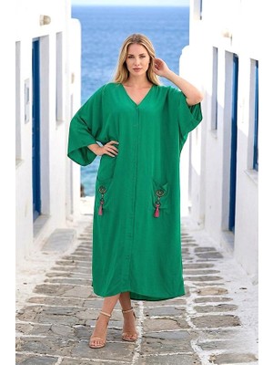 Modanı Seç Yeşil V Yaka Cepleri ve Sırtı Otantik Nakışlı Püsküllü Oversize Uzun Gömlek Elbise
