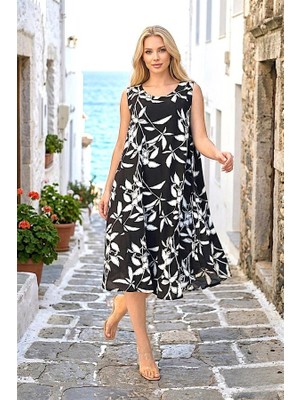 Modanı Seç Siyah Çiçekli U Yaka Askılı Midi Elbise