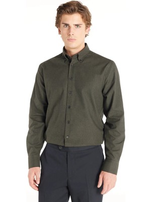 Ted Baker Comfort Fit Düğmeli Yaka Düz Koyu Haki Erkek Gömlek TBMRSH1016