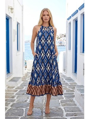 Modanı Seç Lacivert Etnik Desenli Boyundan Bağlamalı Cepli Uzun Elbise