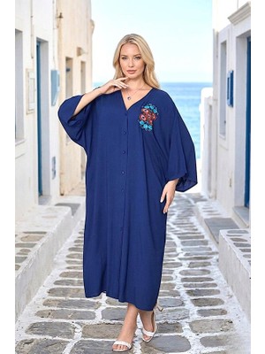 Modanı Seç Lacivert V Yaka Sırtı ve Göğsü Çiçek Nakışlı Cepli Oversize Uzun Gömlek Elbise