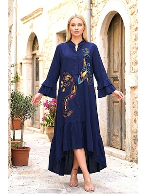 Modanı Seç Lacivert Dik Yaka Kol ve Etek Ucu Fırfırlı Cepli Nakışlı Oversize Uzun Elbise