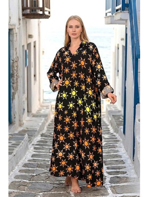 Modanı Seç Siyah Güneş Desenli Gömlek Yaka Kolu Ayarlanabilir Oversize Uzun Elbise