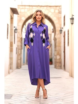 Modanı Seç Mor Önü Pul Payet Aplike Nakışlı Kolu Apoletli Uzun Gömlek Elbise